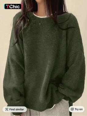 chic Olive Green Plush Crewneck Sweater for Women